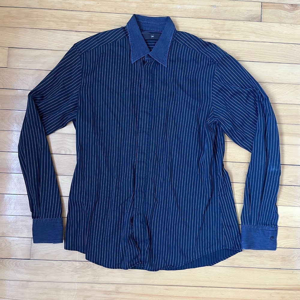 Z Zegna Mens Navy Blue Pinstripe Long Sleeve Button Down Dress Shirt Size 41